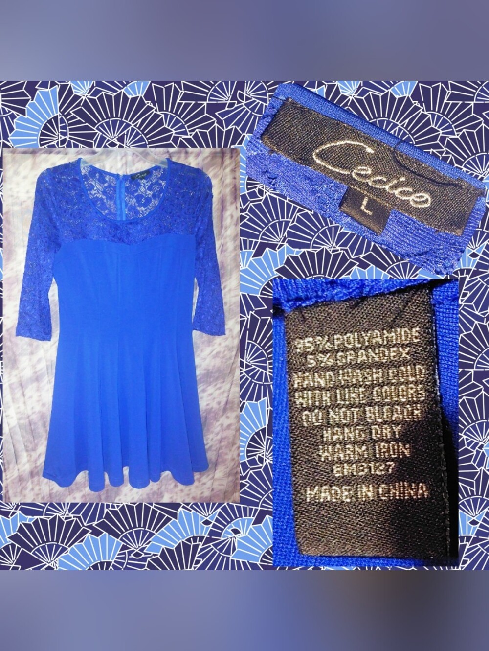 Cecico brand Dk Royal Blue Fit & Flare Soft Knit Ponte & Lace A-Line Dress Sz L